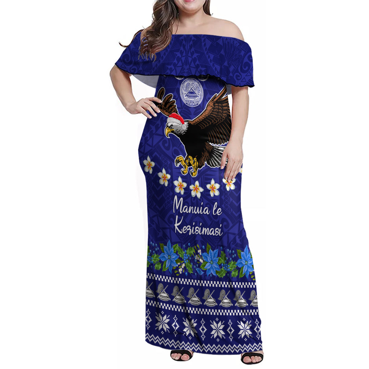 Personalised American Samoa Christmas Family Matching Off Shoulder Maxi Dress and Hawaiian Shirt Manuia le Kerisimasi Polynesian Tribal LT9 - Wonder Print Shop