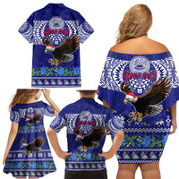 Personalised American Samoa Christmas Family Matching Off Shoulder Short Dress and Hawaiian Shirt Manuia le Kerisimasi Polynesian Tribal LT9 - Wonder Print Shop