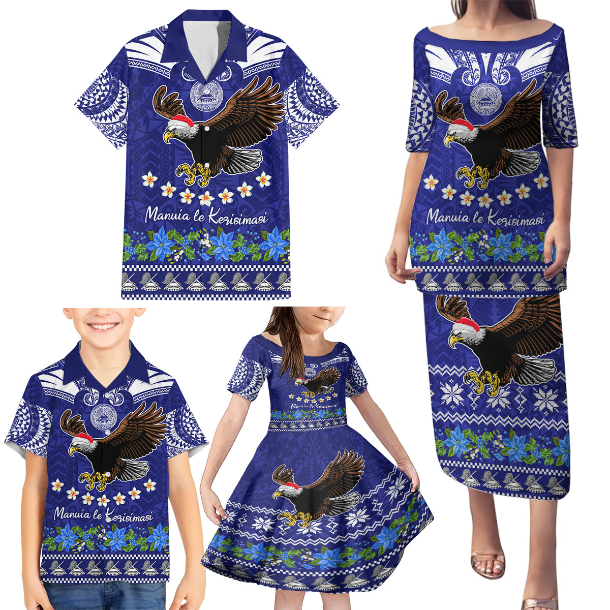 Personalised American Samoa Christmas Family Matching Puletasi Dress and Hawaiian Shirt Manuia le Kerisimasi Polynesian Tribal - Wonder Print Shop