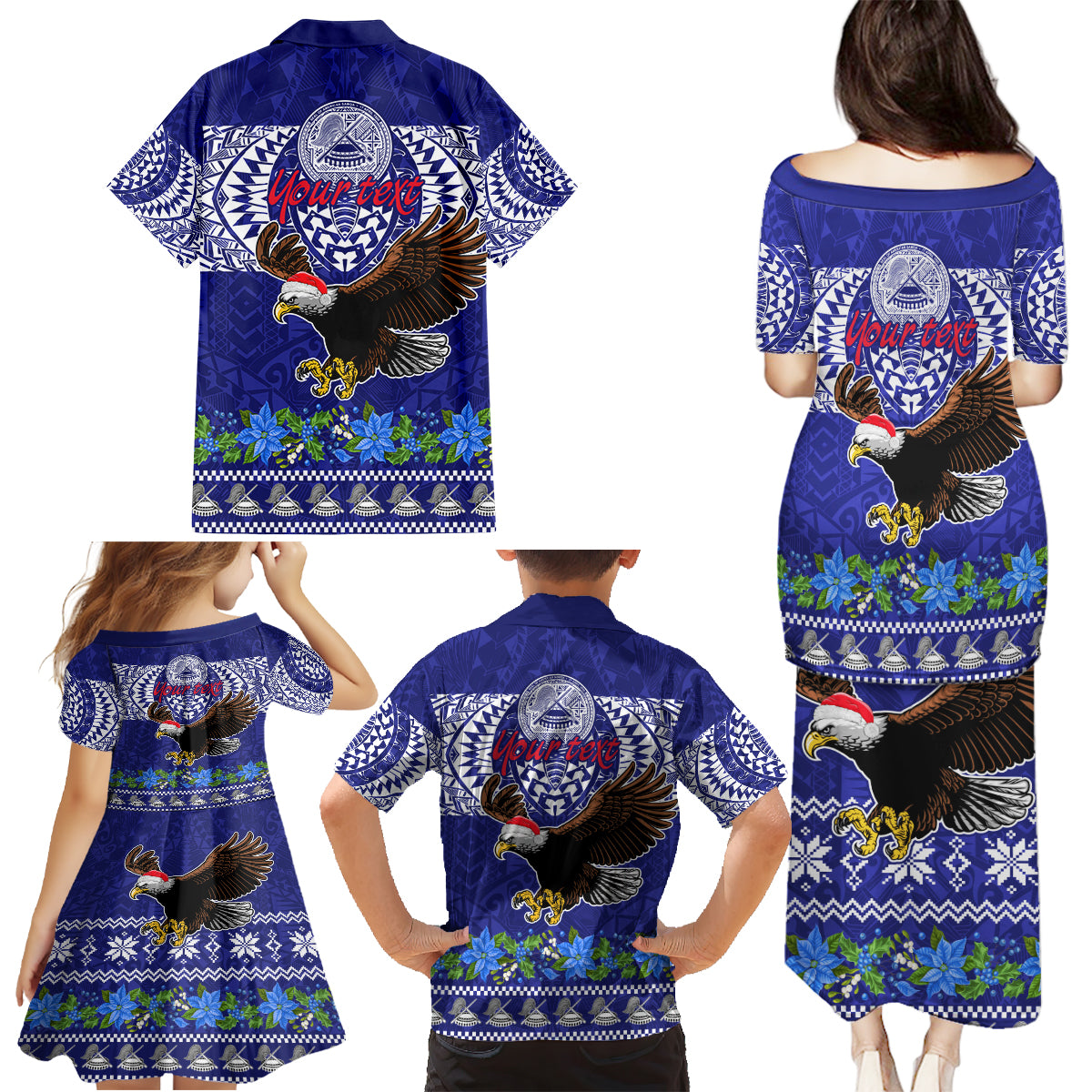 Personalised American Samoa Christmas Family Matching Puletasi Dress and Hawaiian Shirt Manuia le Kerisimasi Polynesian Tribal - Wonder Print Shop