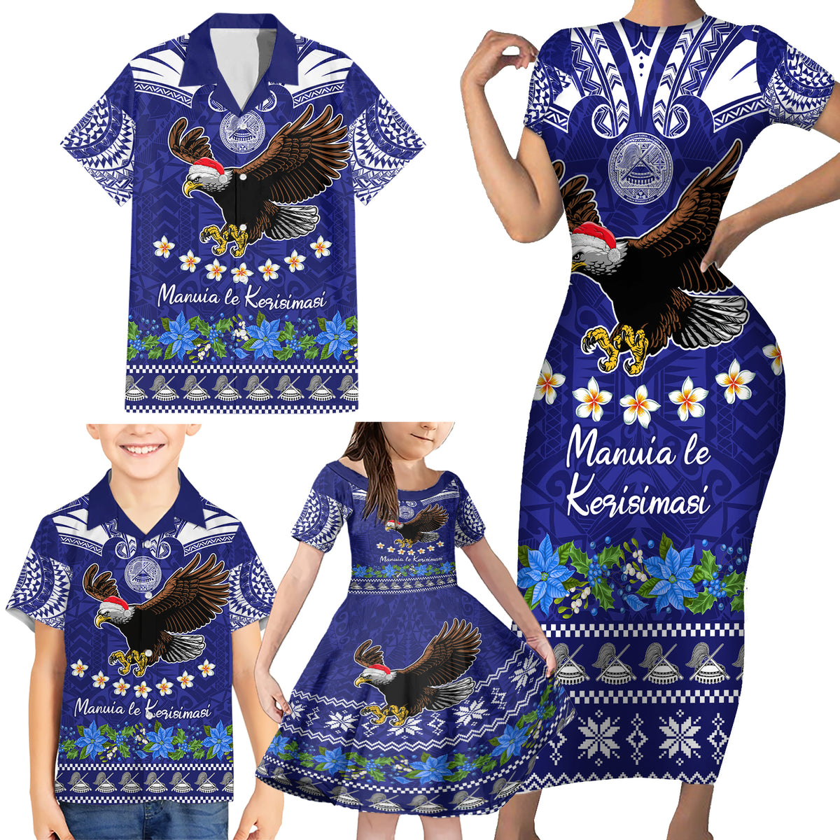 Personalised American Samoa Christmas Family Matching Short Sleeve Bodycon Dress and Hawaiian Shirt Manuia le Kerisimasi Polynesian Tribal - Wonder Print Shop