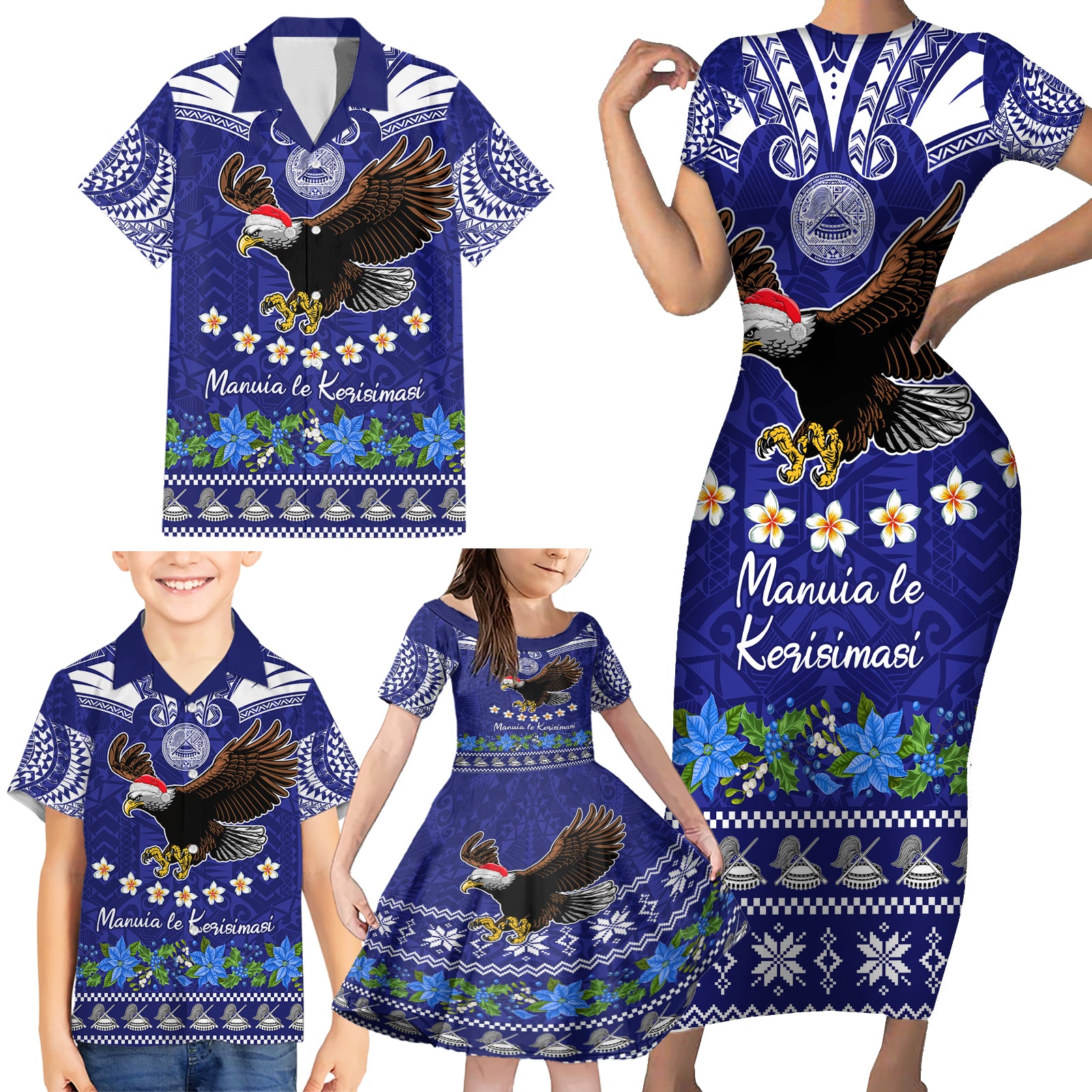 Personalised American Samoa Christmas Family Matching Short Sleeve Bodycon Dress and Hawaiian Shirt Manuia le Kerisimasi Polynesian Tribal - Wonder Print Shop