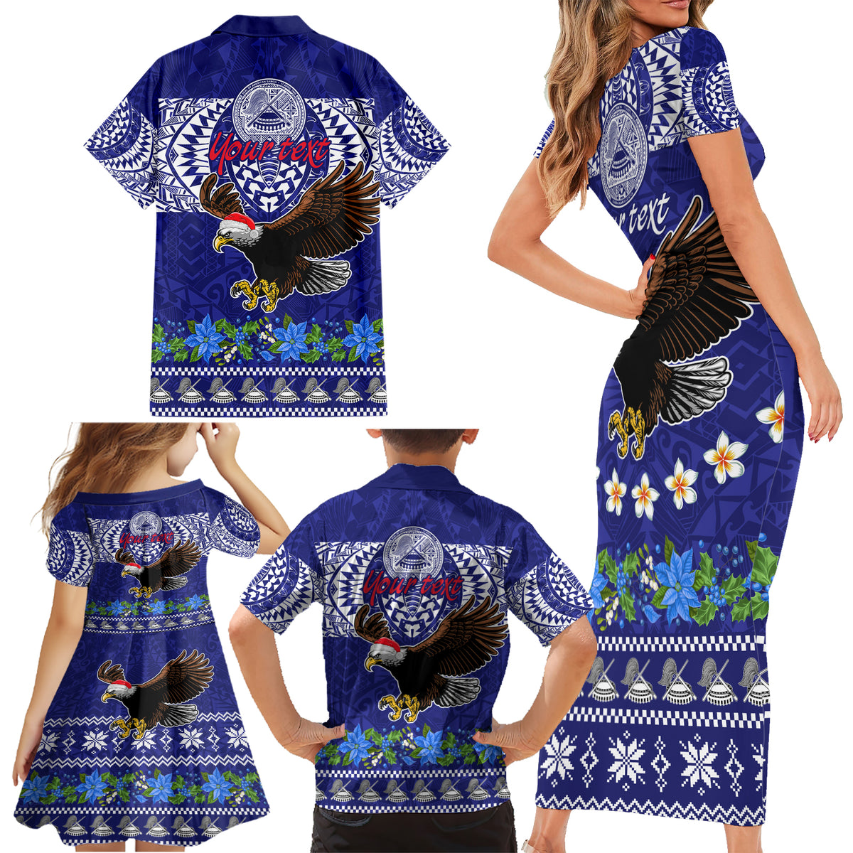 Personalised American Samoa Christmas Family Matching Short Sleeve Bodycon Dress and Hawaiian Shirt Manuia le Kerisimasi Polynesian Tribal - Wonder Print Shop