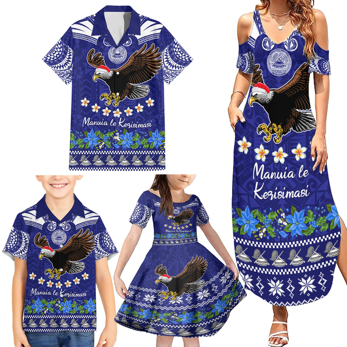 Personalised American Samoa Christmas Family Matching Summer Maxi Dress and Hawaiian Shirt Manuia le Kerisimasi Polynesian Tribal - Wonder Print Shop