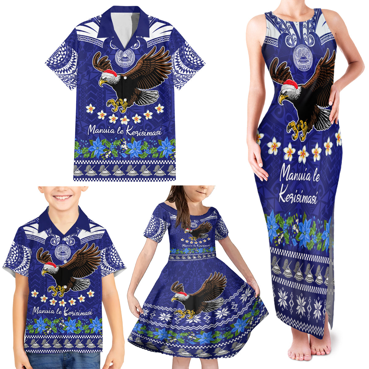 Personalised American Samoa Christmas Family Matching Tank Maxi Dress and Hawaiian Shirt Manuia le Kerisimasi Polynesian Tribal - Wonder Print Shop
