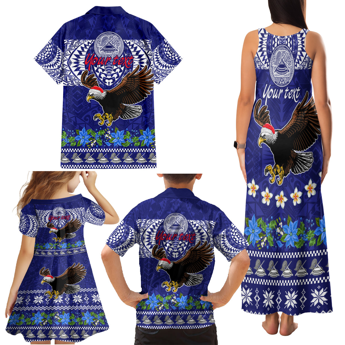 Personalised American Samoa Christmas Family Matching Tank Maxi Dress and Hawaiian Shirt Manuia le Kerisimasi Polynesian Tribal - Wonder Print Shop