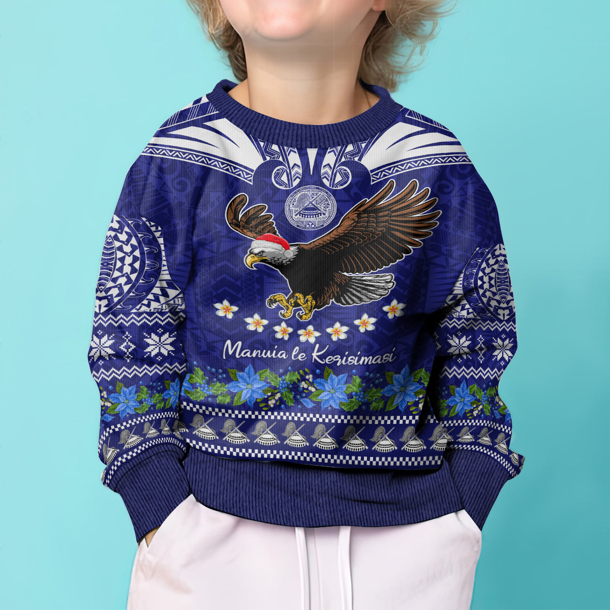 Personalised American Samoa Christmas Kid Ugly Christmas Sweater Manuia le Kerisimasi Polynesian Tribal - Wonder Print Shop