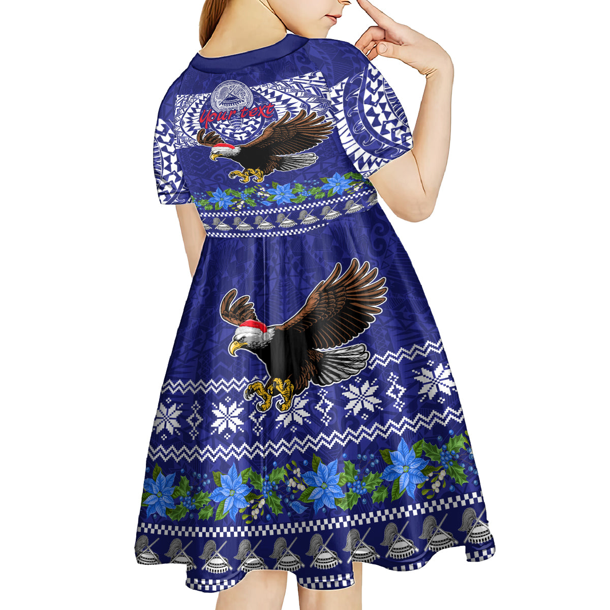 Personalised American Samoa Christmas Kid Short Sleeve Dress Manuia le Kerisimasi Polynesian Tribal - Wonder Print Shop