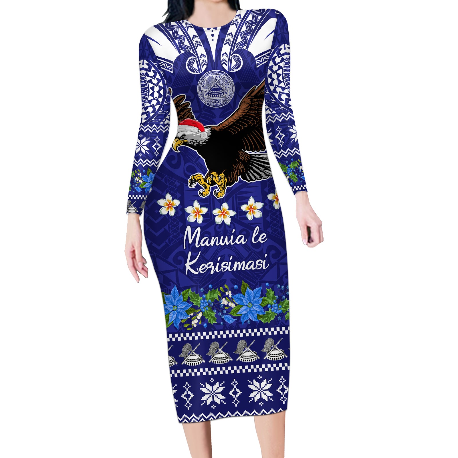 Personalised American Samoa Christmas Long Sleeve Bodycon Dress Manuia le Kerisimasi Polynesian Tribal - Wonder Print Shop