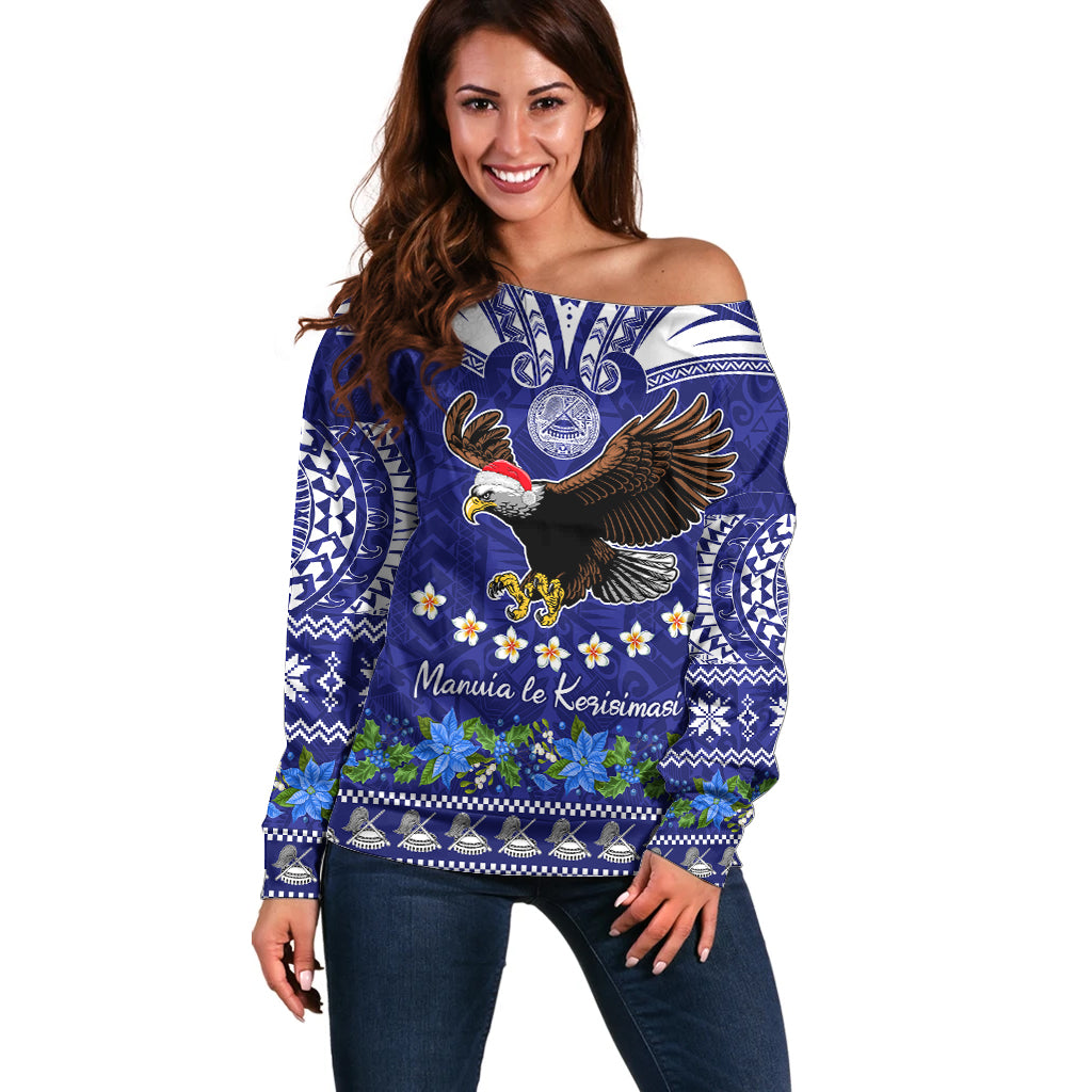 Personalised American Samoa Christmas Off Shoulder Sweater Manuia le Kerisimasi Polynesian Tribal - Wonder Print Shop