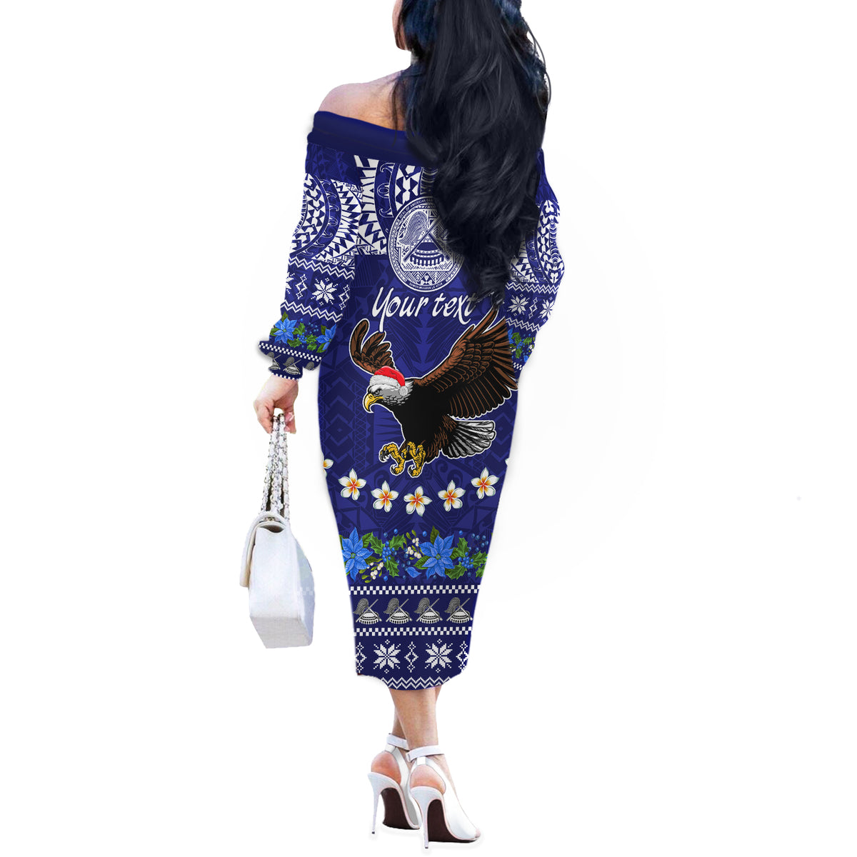 Personalised American Samoa Christmas Off The Shoulder Long Sleeve Dress Manuia le Kerisimasi Polynesian Tribal - Wonder Print Shop