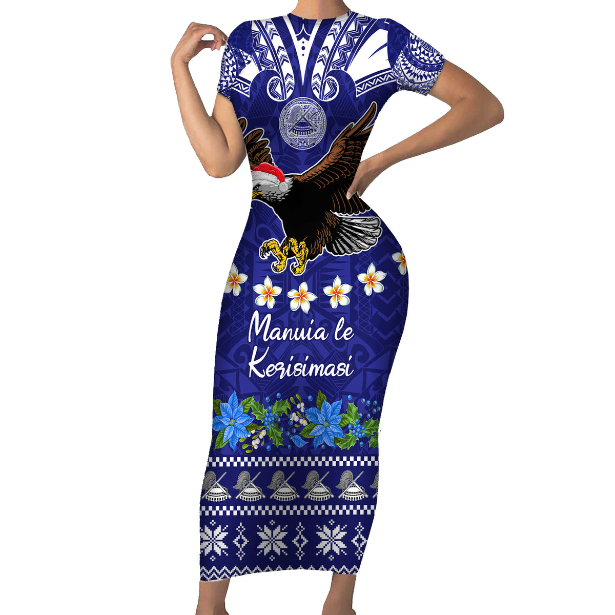 Personalised American Samoa Christmas Short Sleeve Bodycon Dress Manuia le Kerisimasi Polynesian Tribal - Wonder Print Shop