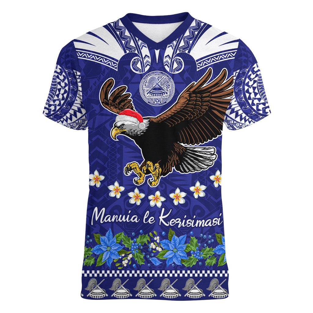 Personalised American Samoa Christmas Women V Neck T Shirt Manuia le Kerisimasi Polynesian Tribal - Wonder Print Shop