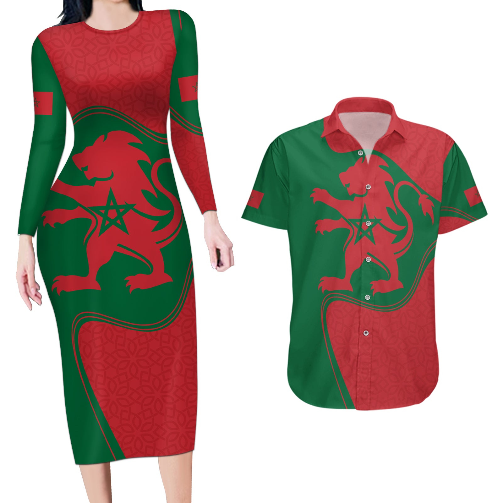 Morocco Proclamation Day With Flag Color Couples Matching Long Sleeve Bodycon Dress and Hawaiian Shirt LT9 - Wonder Print Shop