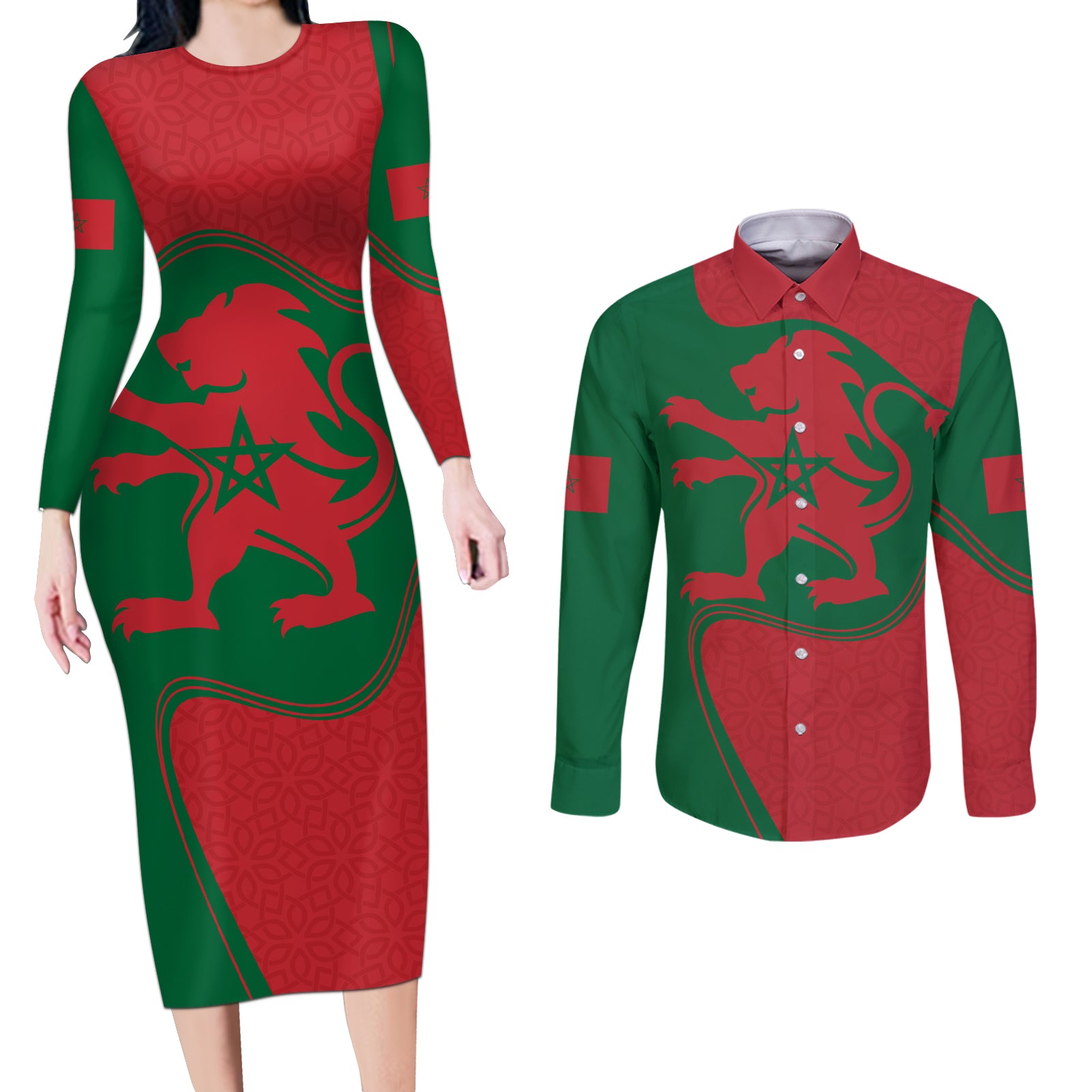 Morocco Proclamation Day With Flag Color Couples Matching Long Sleeve Bodycon Dress and Long Sleeve Button Shirt LT9 - Wonder Print Shop