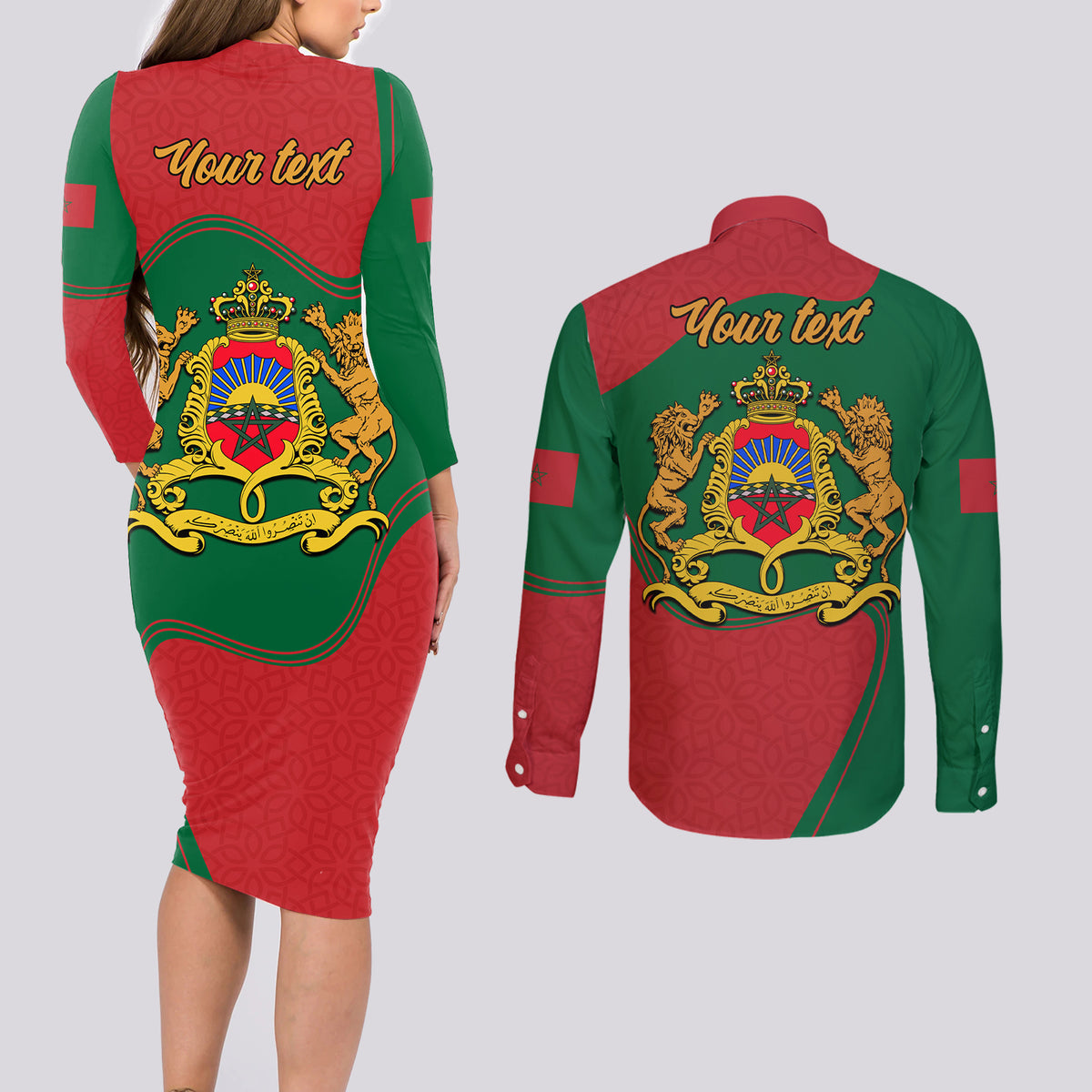 Morocco Proclamation Day With Flag Color Couples Matching Long Sleeve Bodycon Dress and Long Sleeve Button Shirt LT9 - Wonder Print Shop