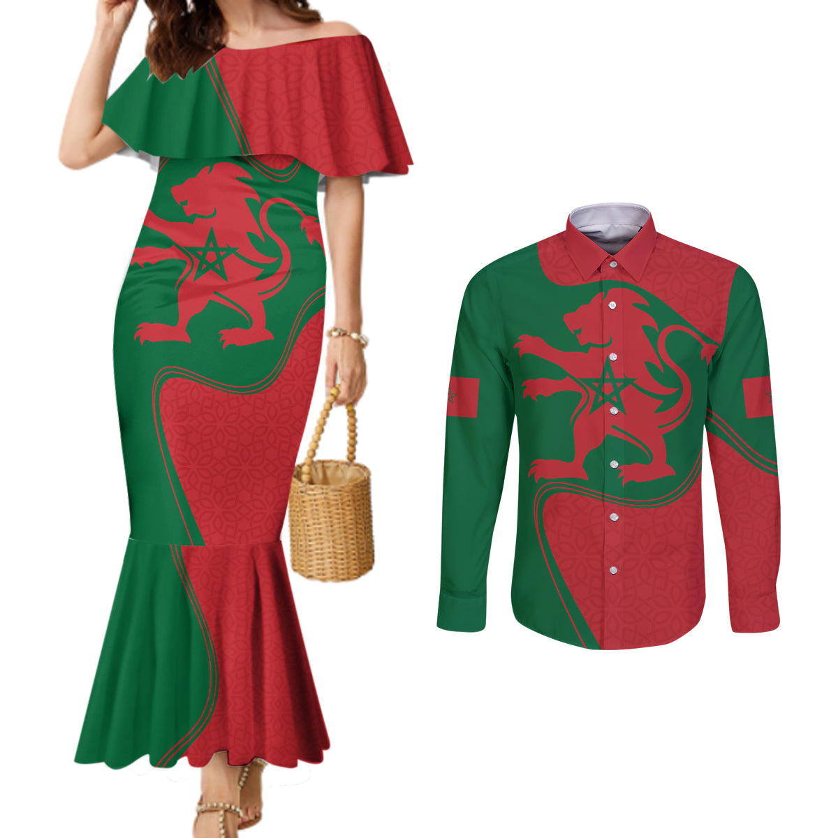 morocco-proclamation-day-with-flag-color-couples-matching-mermaid-dress-and-long-sleeve-button-shirt