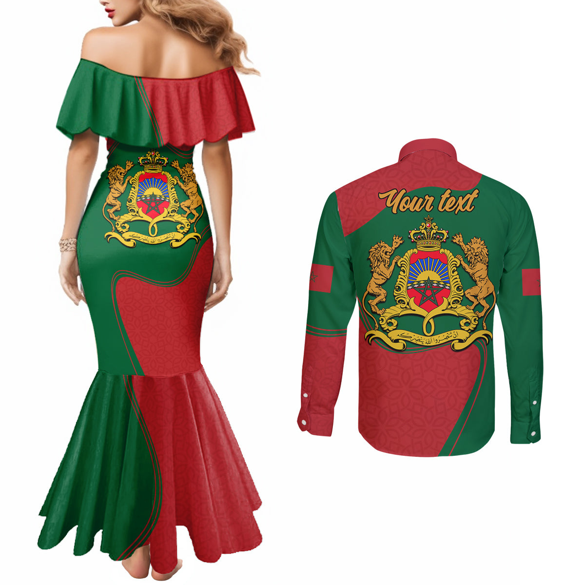 morocco-proclamation-day-with-flag-color-couples-matching-mermaid-dress-and-long-sleeve-button-shirt
