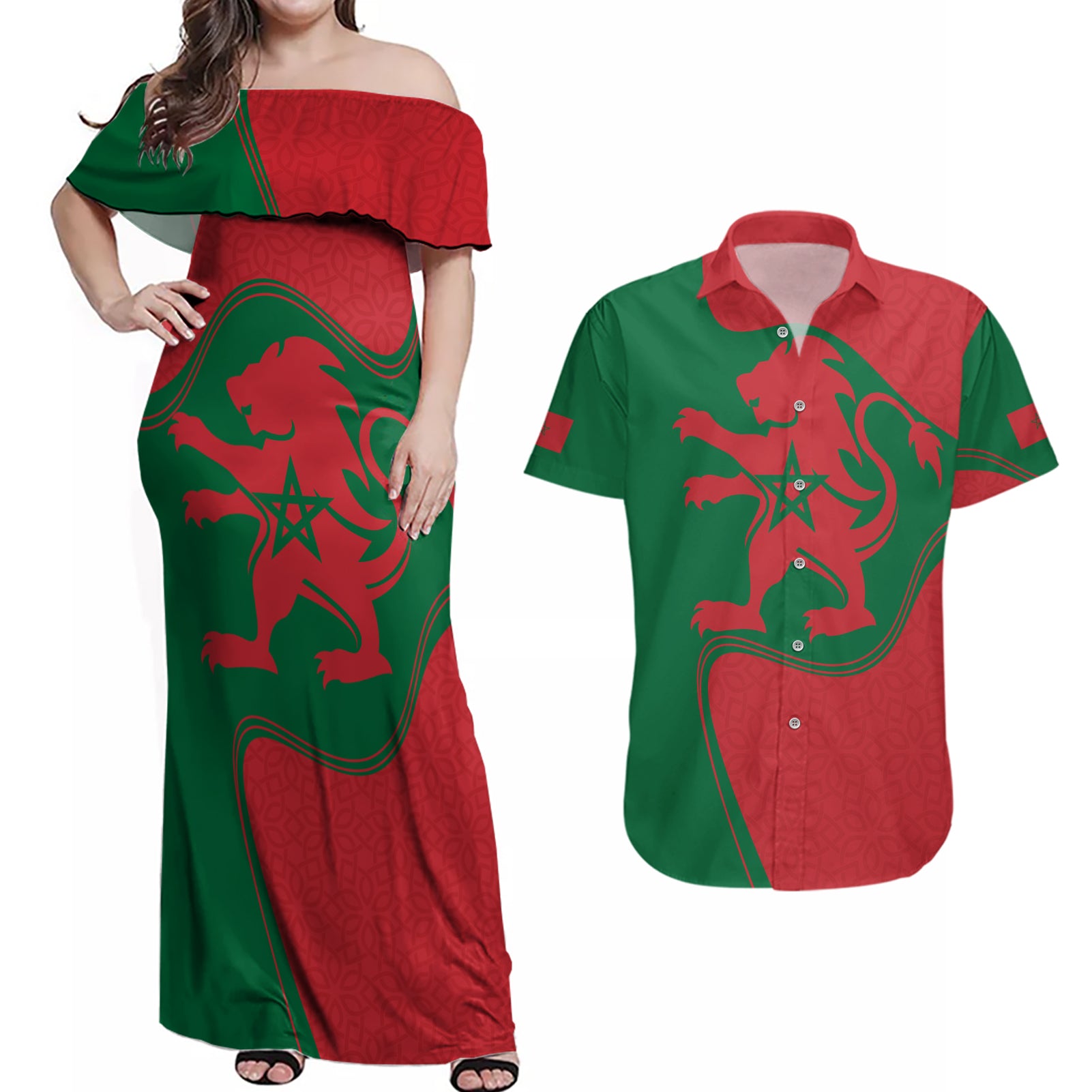 Morocco Proclamation Day With Flag Color Couples Matching Off Shoulder Maxi Dress and Hawaiian Shirt LT9 - Wonder Print Shop