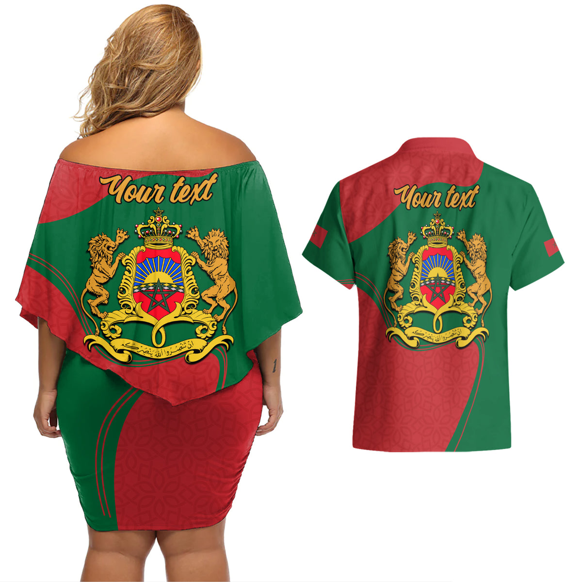 Morocco Proclamation Day With Flag Color Couples Matching Off Shoulder Short Dress and Hawaiian Shirt LT9 - Wonder Print Shop