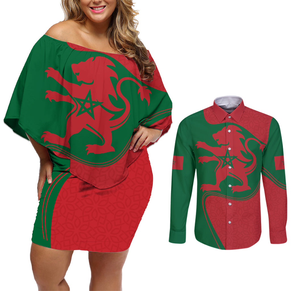 Morocco Proclamation Day With Flag Color Couples Matching Off Shoulder Short Dress and Long Sleeve Button Shirt LT9 - Wonder Print Shop