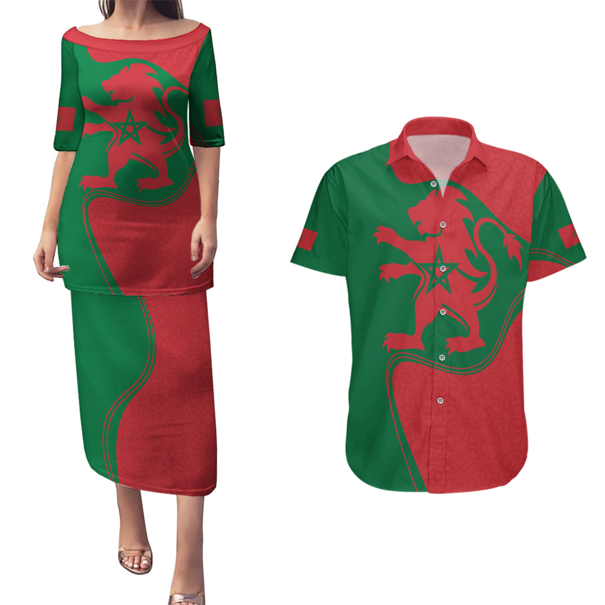 Morocco Proclamation Day With Flag Color Couples Matching Puletasi Dress and Hawaiian Shirt LT9 - Wonder Print Shop