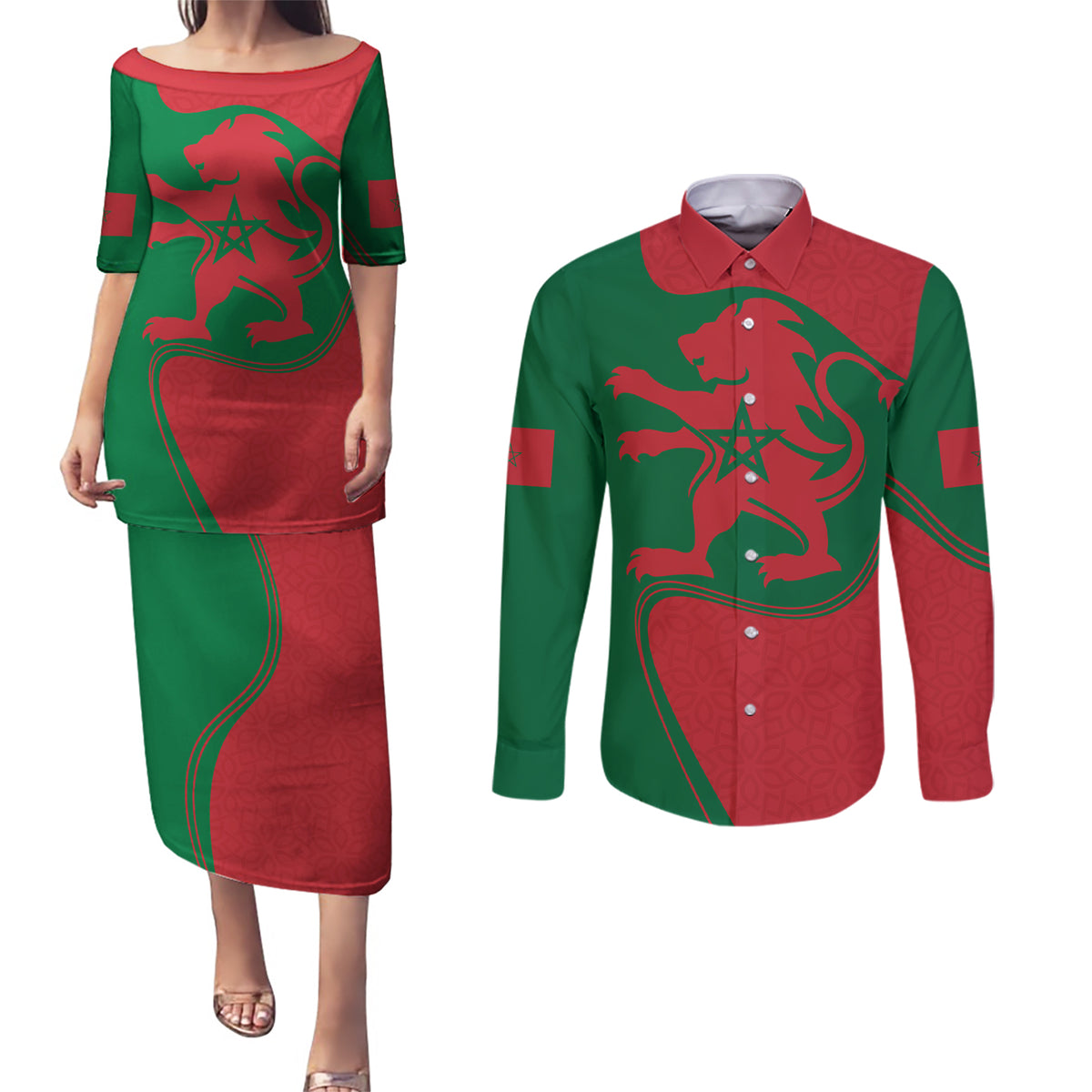 Morocco Proclamation Day With Flag Color Couples Matching Puletasi Dress and Long Sleeve Button Shirt LT9 - Wonder Print Shop
