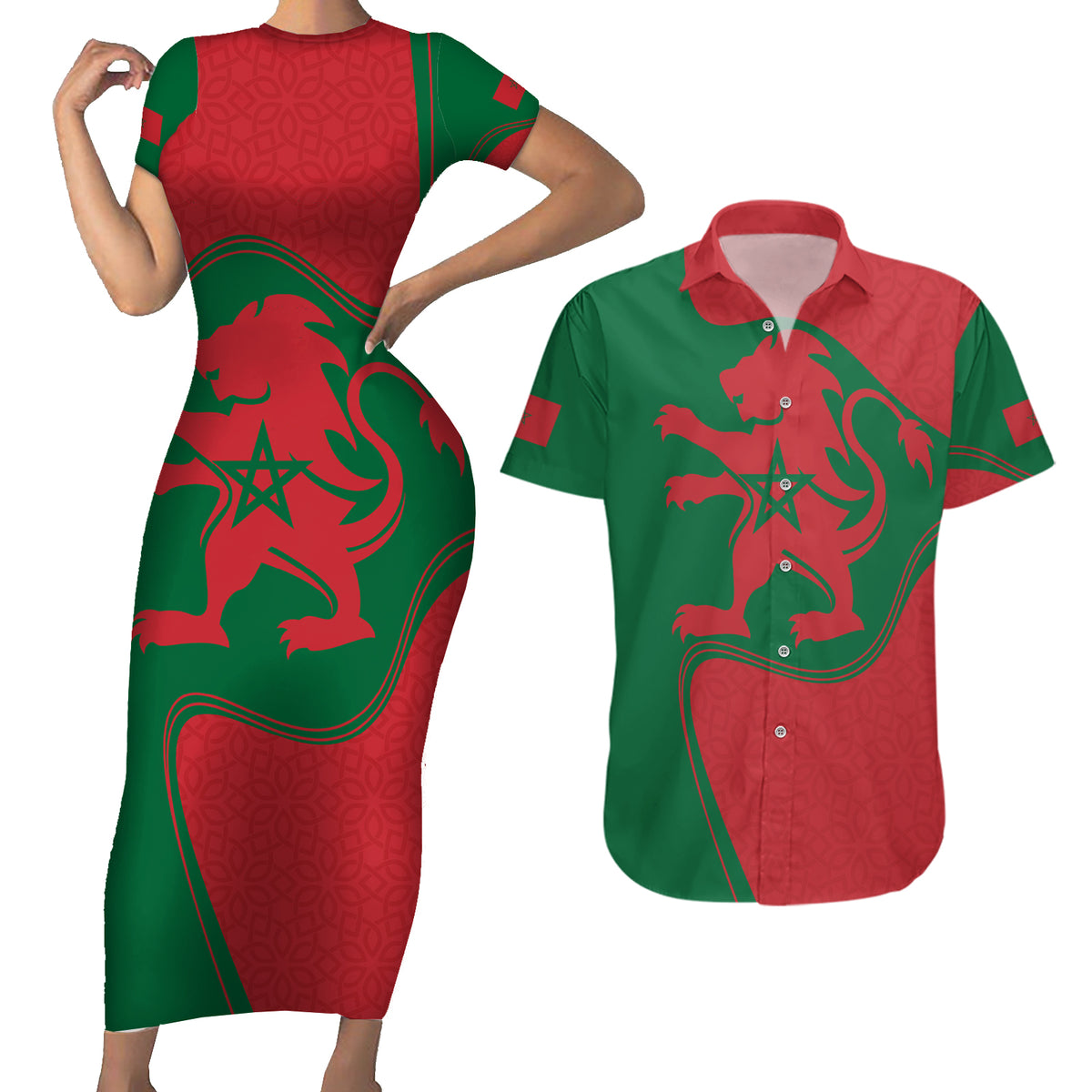 Morocco Proclamation Day With Flag Color Couples Matching Short Sleeve Bodycon Dress and Hawaiian Shirt LT9 - Wonder Print Shop