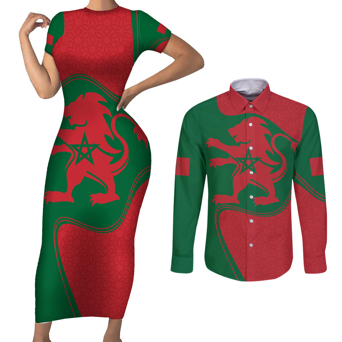 Morocco Proclamation Day With Flag Color Couples Matching Short Sleeve Bodycon Dress and Long Sleeve Button Shirt LT9 - Wonder Print Shop