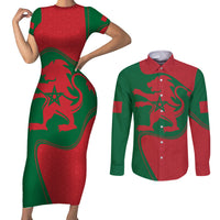Morocco Proclamation Day With Flag Color Couples Matching Short Sleeve Bodycon Dress and Long Sleeve Button Shirt LT9 - Wonder Print Shop