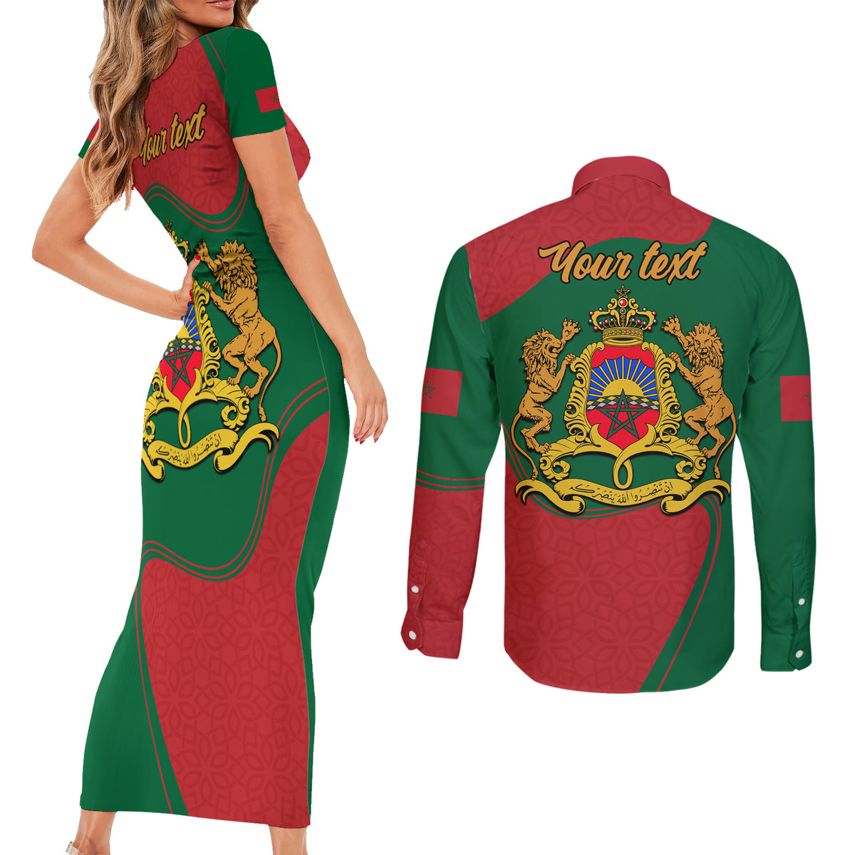 Morocco Proclamation Day With Flag Color Couples Matching Short Sleeve Bodycon Dress and Long Sleeve Button Shirt LT9 - Wonder Print Shop
