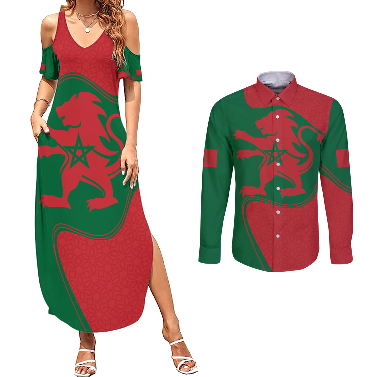 Morocco Proclamation Day With Flag Color Couples Matching Summer Maxi Dress and Long Sleeve Button Shirt LT9 - Wonder Print Shop