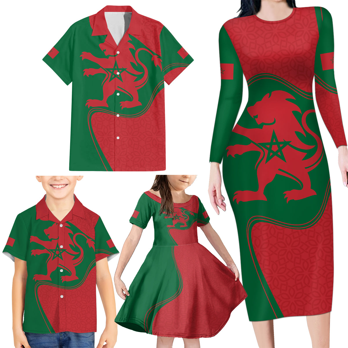 Morocco Proclamation Day With Flag Color Family Matching Long Sleeve Bodycon Dress and Hawaiian Shirt LT9 - Wonder Print Shop
