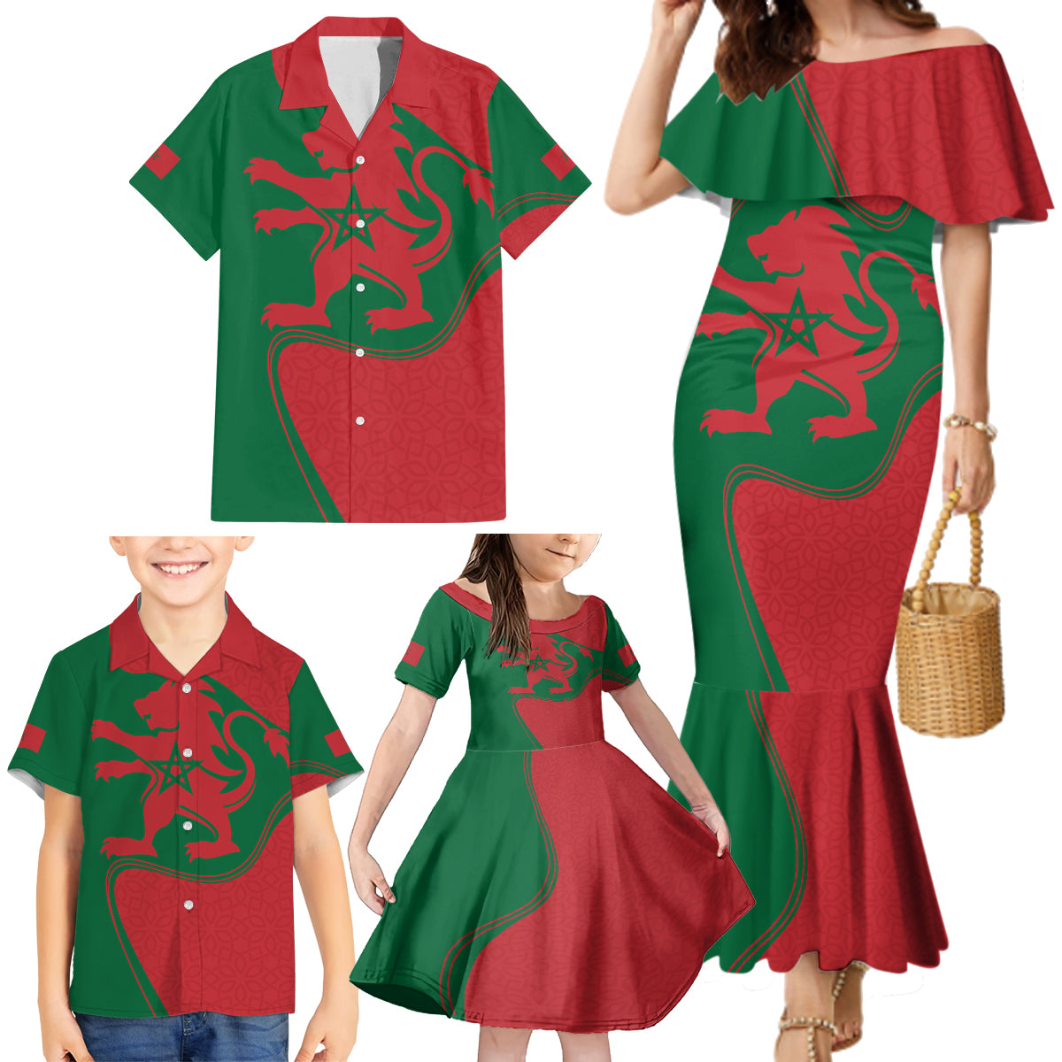 Morocco Proclamation Day With Flag Color Family Matching Mermaid Dress and Hawaiian Shirt LT9 - Wonder Print Shop