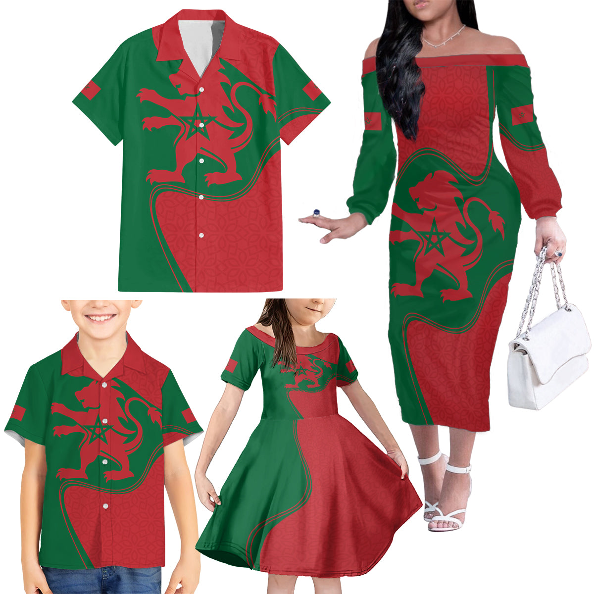 Morocco Proclamation Day With Flag Color Family Matching Off Shoulder Long Sleeve Dress and Hawaiian Shirt - Wonder Print Shop
