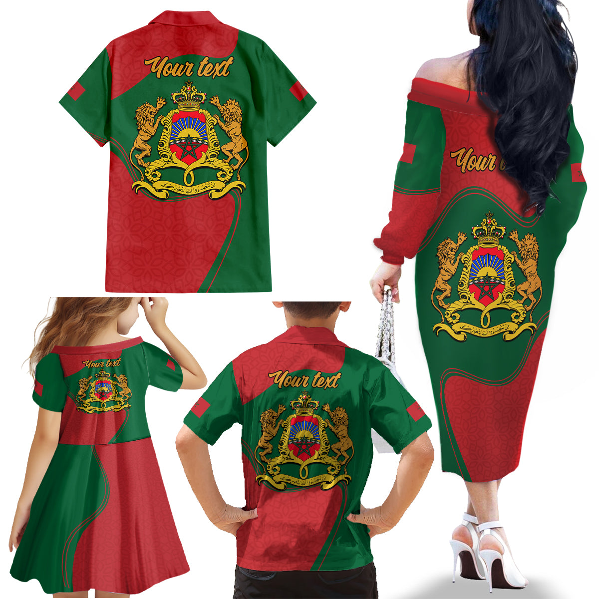 Morocco Proclamation Day With Flag Color Family Matching Off Shoulder Long Sleeve Dress and Hawaiian Shirt - Wonder Print Shop