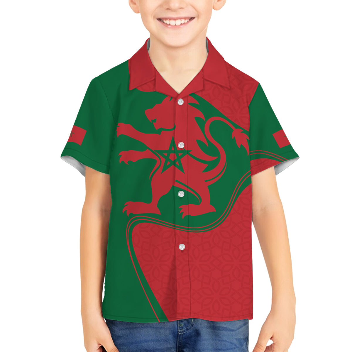 Morocco Proclamation Day With Flag Color Family Matching Off Shoulder Long Sleeve Dress and Hawaiian Shirt - Wonder Print Shop