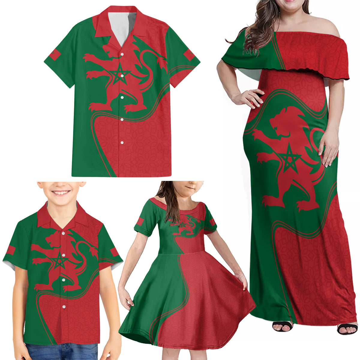 Morocco Proclamation Day With Flag Color Family Matching Off Shoulder Maxi Dress and Hawaiian Shirt LT9 - Wonder Print Shop
