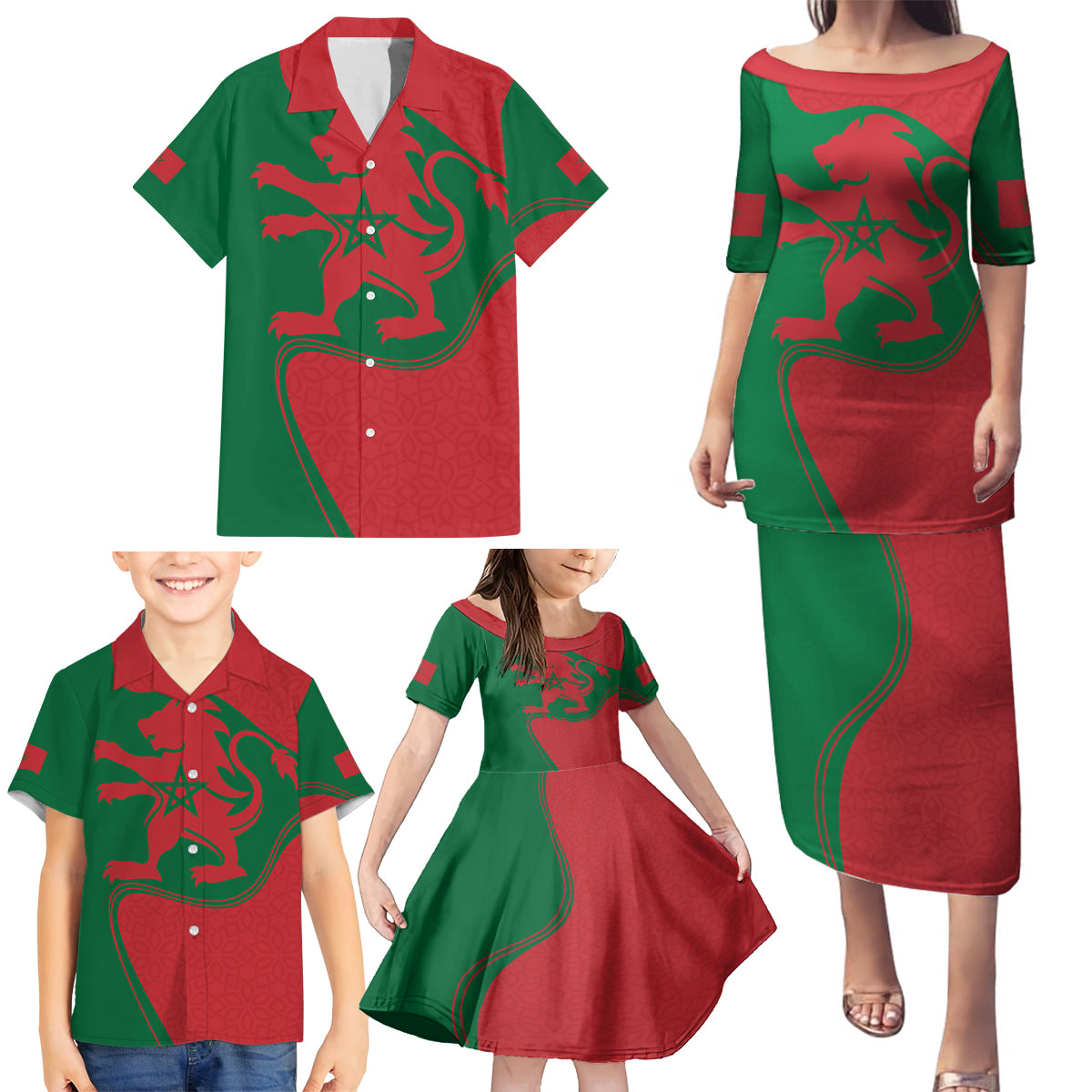 Morocco Proclamation Day With Flag Color Family Matching Puletasi Dress and Hawaiian Shirt - Wonder Print Shop
