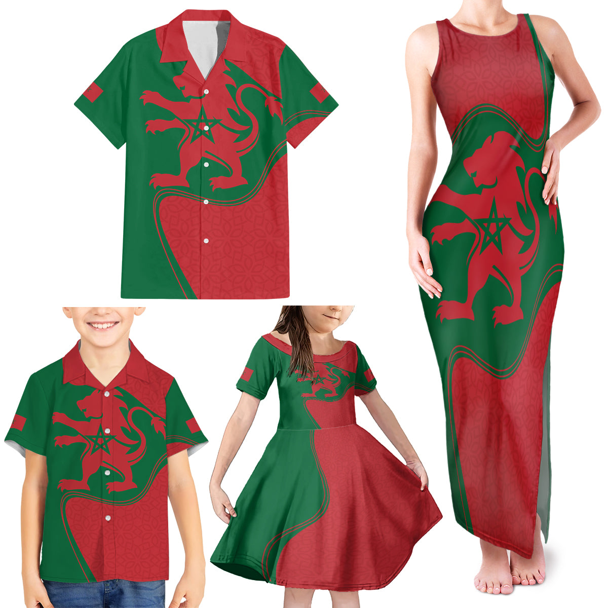 Morocco Proclamation Day With Flag Color Family Matching Tank Maxi Dress and Hawaiian Shirt - Wonder Print Shop