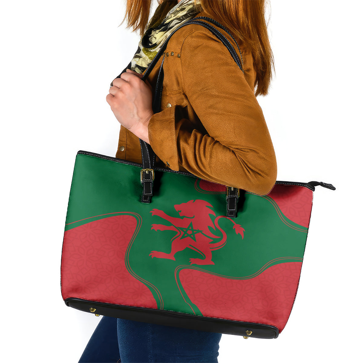 Morocco Proclamation Day With Flag Color Leather Tote Bag - Wonder Print Shop