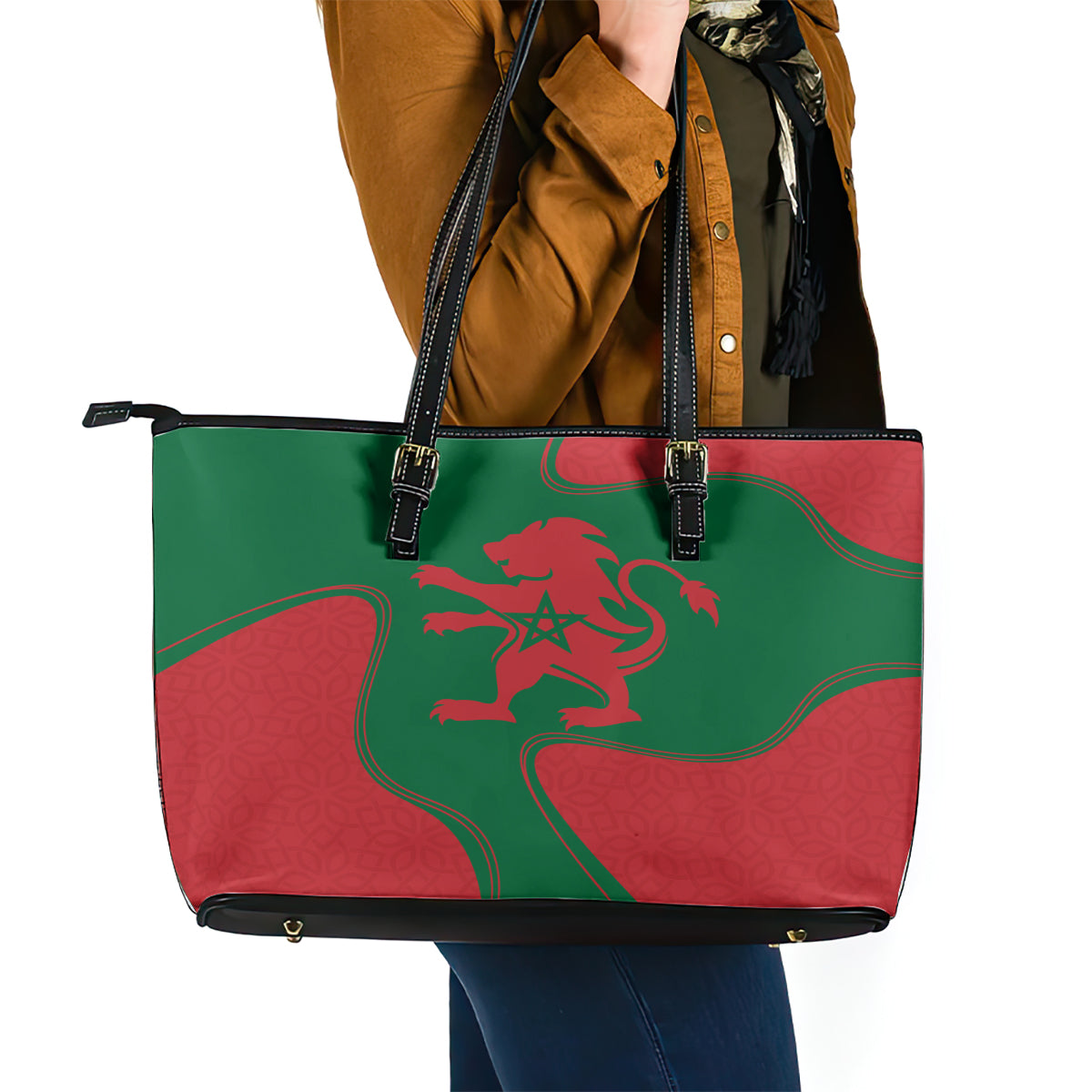 Morocco Proclamation Day With Flag Color Leather Tote Bag - Wonder Print Shop