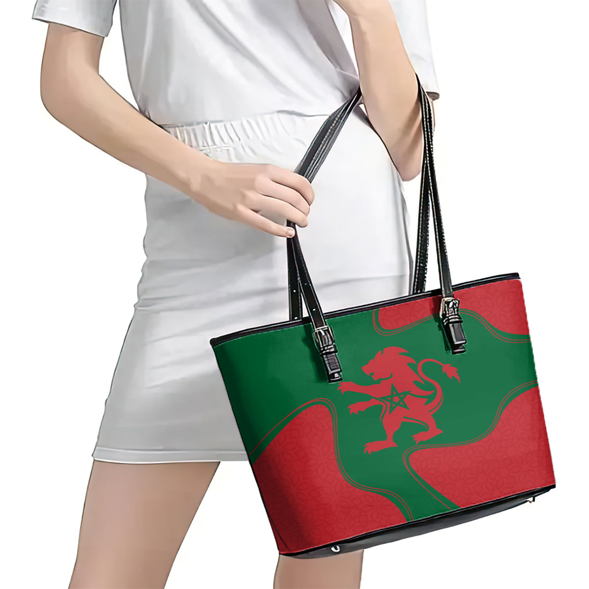 Morocco Proclamation Day With Flag Color Leather Tote Bag - Wonder Print Shop
