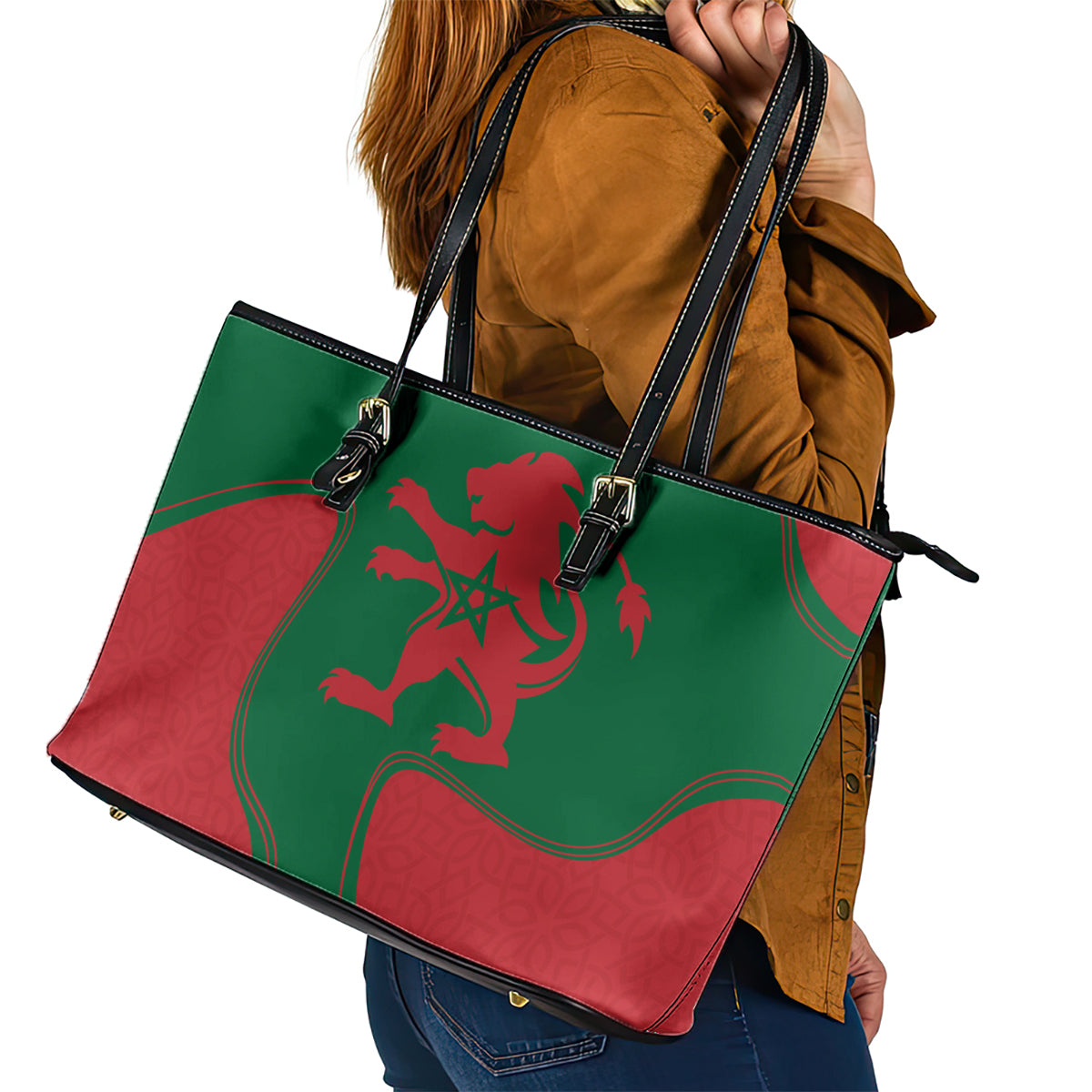 Morocco Proclamation Day With Flag Color Leather Tote Bag - Wonder Print Shop