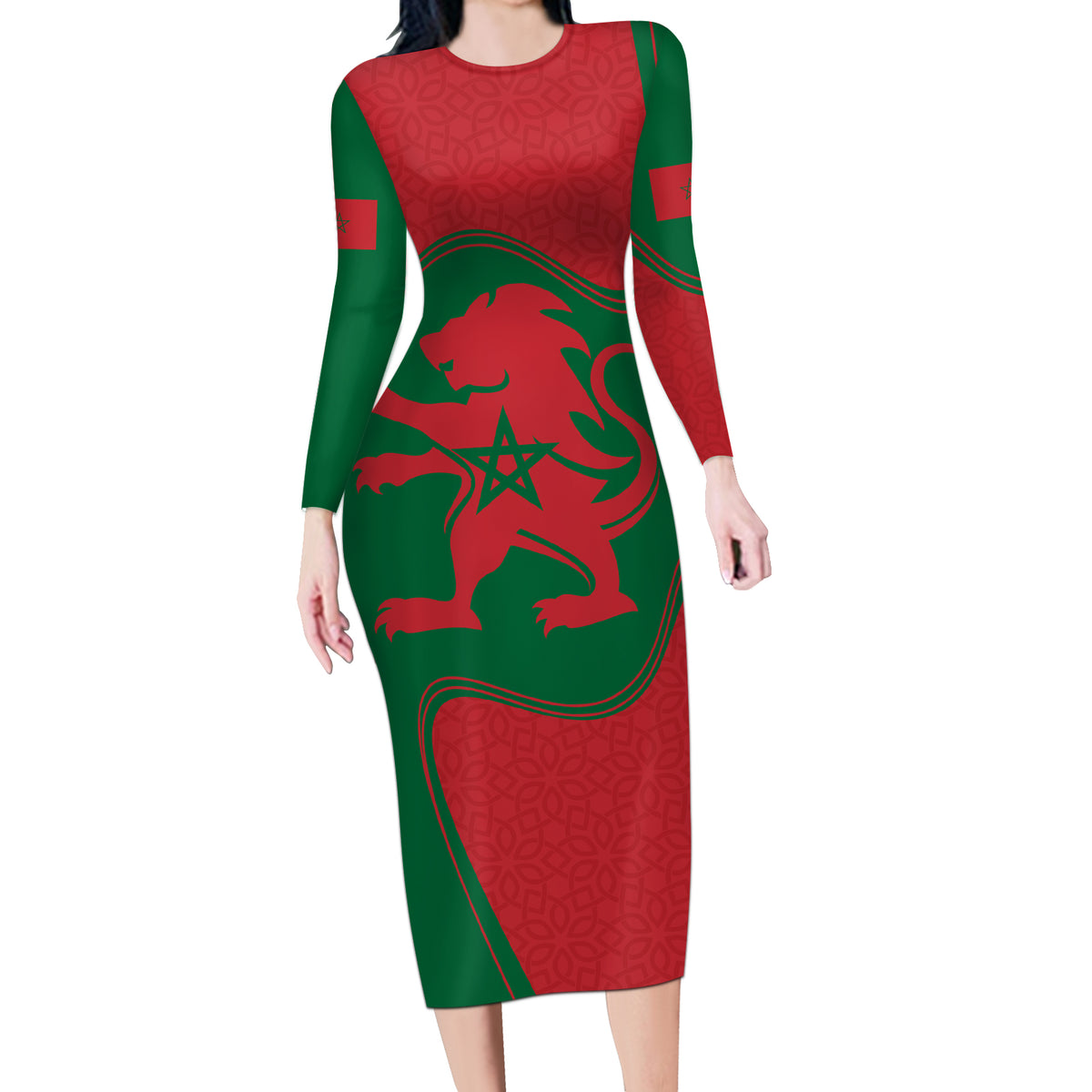 Morocco Proclamation Day With Flag Color Long Sleeve Bodycon Dress - Wonder Print Shop