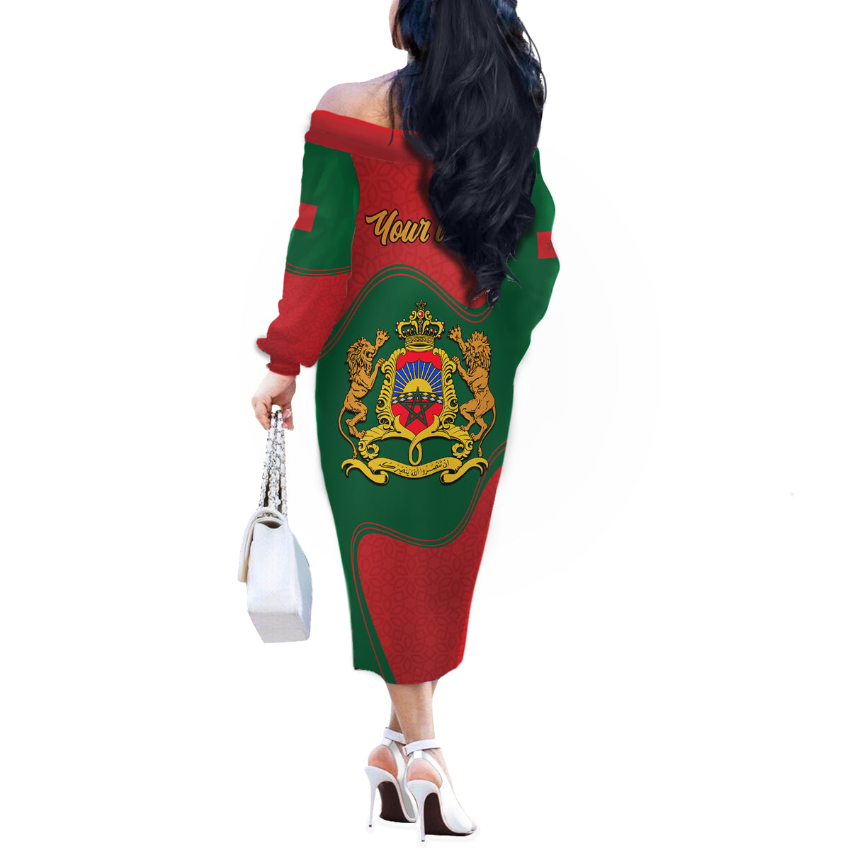 Morocco Proclamation Day With Flag Color Off The Shoulder Long Sleeve Dress - Wonder Print Shop