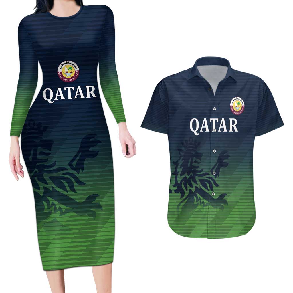 Custom Qatar Cricket Couples Matching Long Sleeve Bodycon Dress and Hawaiian Shirt Green Sporty Pattern LT9 - Wonder Print Shop