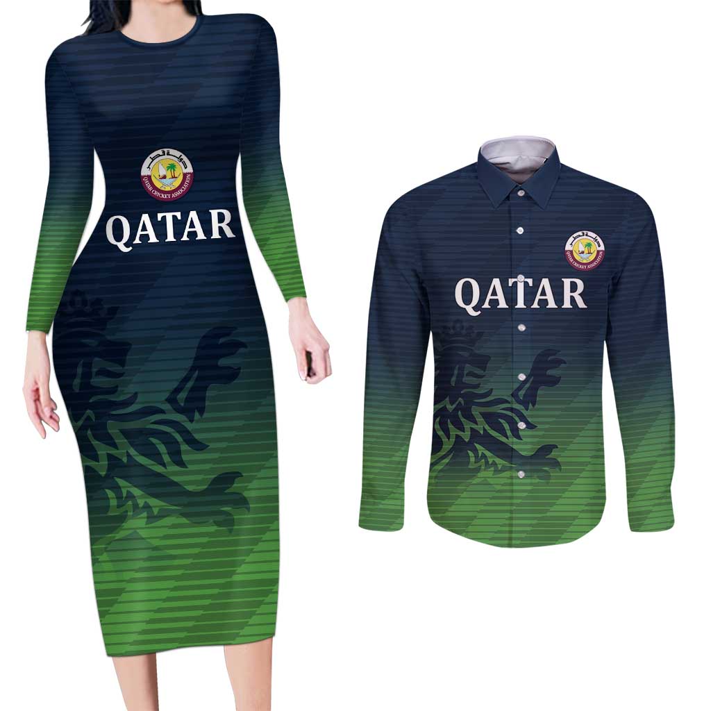 Custom Qatar Cricket Couples Matching Long Sleeve Bodycon Dress and Long Sleeve Button Shirt Green Sporty Pattern LT9 - Wonder Print Shop