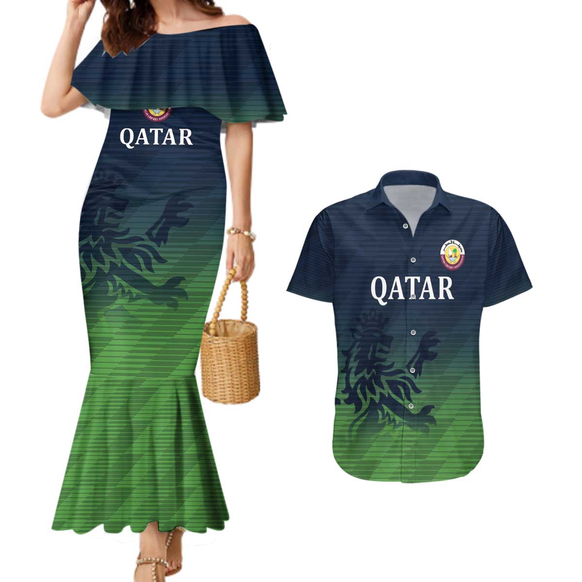 Custom Qatar Cricket Couples Matching Mermaid Dress and Hawaiian Shirt Green Sporty Pattern LT9 - Wonder Print Shop