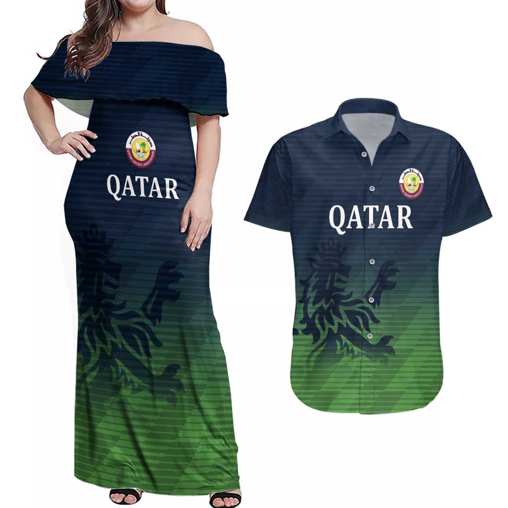 Custom Qatar Cricket Couples Matching Off Shoulder Maxi Dress and Hawaiian Shirt Green Sporty Pattern LT9 - Wonder Print Shop